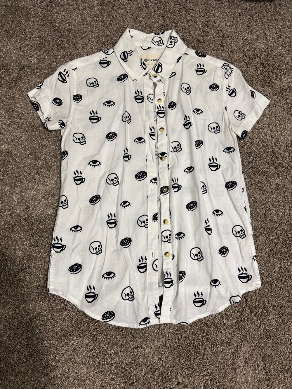 Small Coffee Donut Skull Pyknic Short Sleeved Button Down Women’s Shirt